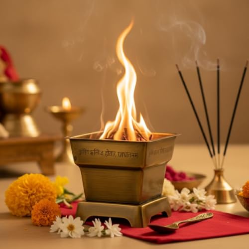 Image of Ritualistic Handcrafted Brass Hawan Kund with Spoon-Small | 100% Pure Brass Havan Kund for Daily Pooja,Yagya & Agnihotra | Antique Finish with Vedic Shloka Engraving | Festival & Housewarming Gift Set