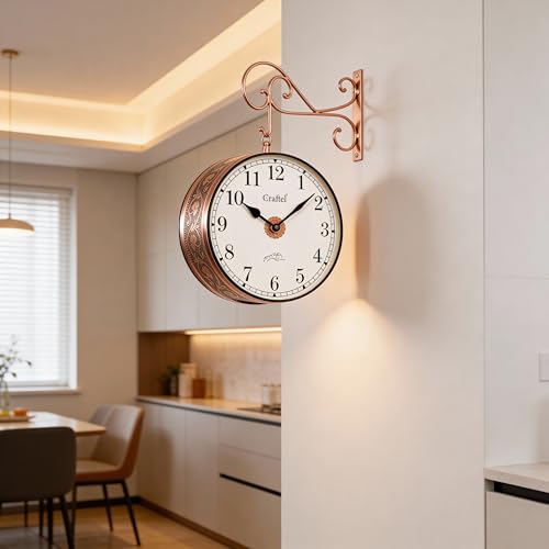 Image of CRAFTEL Double Sided Station Clock Electroplated | Both English Numerals | Aluminum Dial Brass Body | Handcrafted Jodhpur Gift for Home Hall Office | Dial - 10 Inches, Rose Gold | 365 Days Warranty