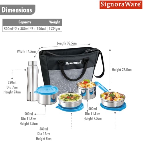 Image of SignoraWare Office Stainless Steel Lunch Box with Bottle | Airtight & Leakproof | Durable | Perfect for Office, School & Outdoor Use (500mlx2 + 380mlx2 + 750ml | Setof5 | TBlue)
