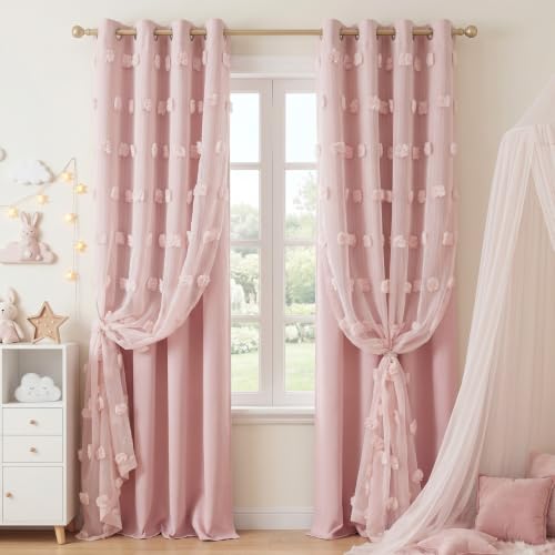 Image of MYSKY HOME Pink Curtains for Bedroom 72 Inches Long Nursery Curtains Pom Pom Pink Sheer Curtains for Girls Room Double Layer for Toddler Bedroom Grommet Room Darkening Window Panels 52 x 72 Inch
