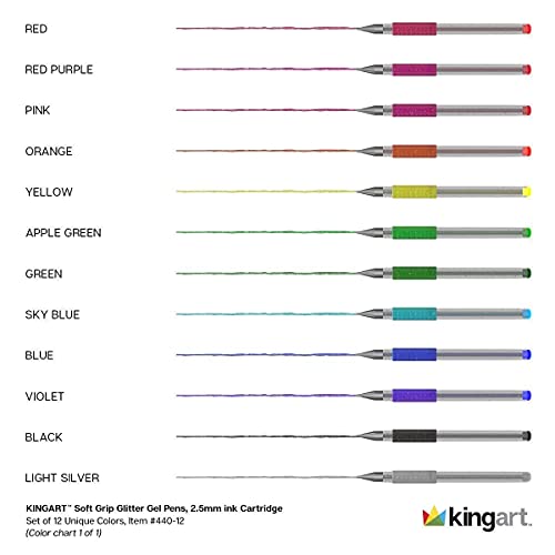 Image of KINGART 400-12 Glitter Rollerball Gel Pens, 12 Sparkling Colors with Soft-Grip Comfort, XL Ink Cartridge - More Ink, Great for All Ages, Writing, Coloring, Doodling, Scrapbooking, Journaling & More