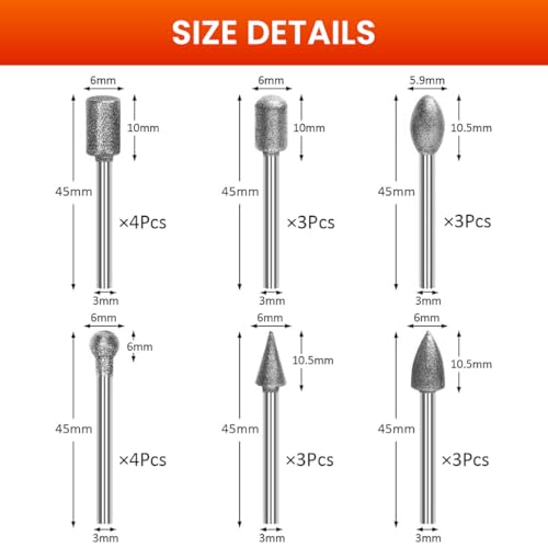 Image of Serplex Diamond Drill Bit Set 20Pcs with 1 /8-inch Shank Compatible with Rotary Tool - 6 Designs Including Flat-faced Head, Spear Tip, Ball Tips, Tapered, Round and Oval Bits for Stone Carving and