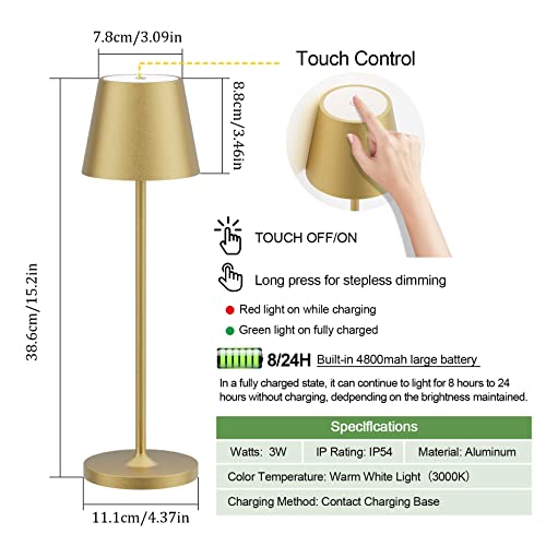 Ralbay Ip54 Waterproof Outdoor Gold Table Lamp 2 Pack,4800Mah Rechargeable Battery Desk Lamp,Aluminum Material Shell,Cordless Outdoor Cordless Dimmable Table Lamp,For Bedroom,Coffee Table,Restaurant #TOP1
