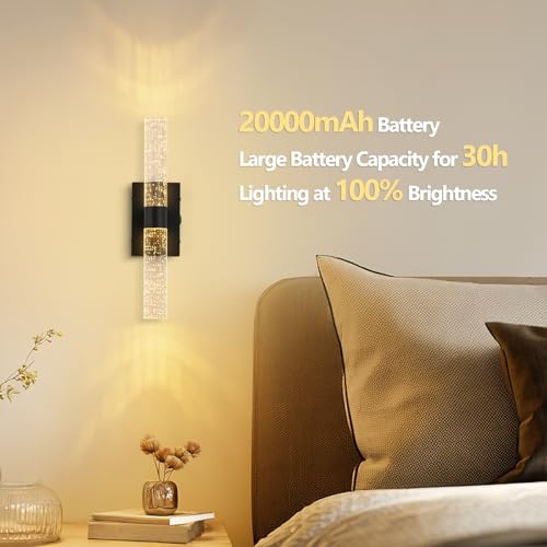 Image of Battery Operated Wall Sconces Set of 2, 20000mAh Rechargeable Wall Light | Remote Control 3000K-6000K Dimmable LED Wireless Sconces,Black,15.6 Inch