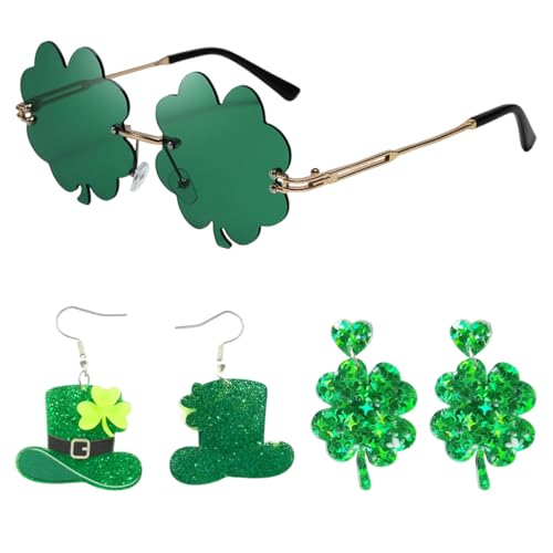 RgitFzi 3-Teiliges St Patricks Day Accessoires Set Karneval Brille und Hänger Kleeblatt Kostüm Zubehör für Damen Funkelnde Ohrringe Grün für Irische Festival Partys und Feiern Tropfenohrringe