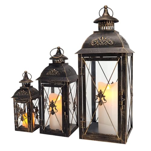 TRIROCKS Set of 3 Decorative Hanging Lantern 19'' High Vintage Metal Candle Holder with Tempered Glass Perfect for Living Room Garden Yard Patio Parties Events Indoors Outdoors (Black)