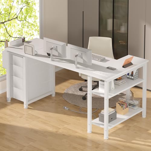 Lufeiya White L Shaped Desk with Drawers & Storage Shelves, 55 Inch Corner Computer Desk with Power Outlet for Home Office Bedroom, L-Shaped Teen PC Desks with Fabric Drawer, White