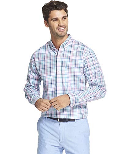 IZOD Men's Fit Button Down Long Sleeve Stretch Performance Check Shirt, Rose Bud, XX-Large Slim
