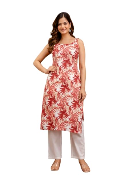 Image of Women Floral Printed Sleeveless Round Neck Pure Cotton Straight Kurti