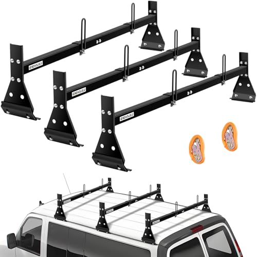 Ladder Rack for Van Van Ladder Rack-3 Bars Adjustable Length 57-65 Compatible with Chevrolet Express 1500/2500/3500 Ford Econoline GMC Savana Full-Size Vans (w/Rain Gutters) 800 LBS Load Cap Black