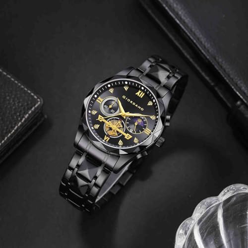 Image of Giordano Chronograph Analog Quartz Watch for Men with Round Dial, Multifunction Subdials, Sun Moon Display, Crystal Hour Markers, Roman Numerals, Stainless Steel Strap - GZ-50236