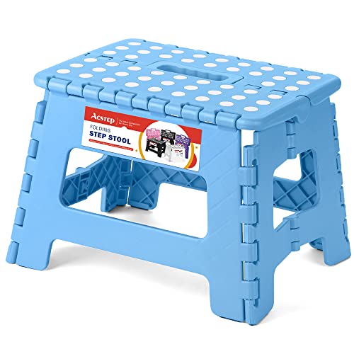 ACSTEP Folding Step Stool - Lightweight, Plastic Step Stool, 9 inch Foldable Step Stools, Non Slip Folding Stools for Kitchen Bathroom Bedroom (Blue)