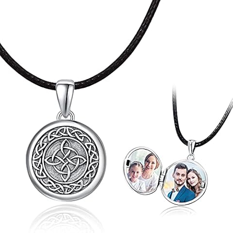 TUGHRA Irish Jewelry for Men Women Locket Necklace Photo Lockets that Hold Picture Personalized Father's Day Gift Dad Custom Celtic Locket Sterling Silver Cover