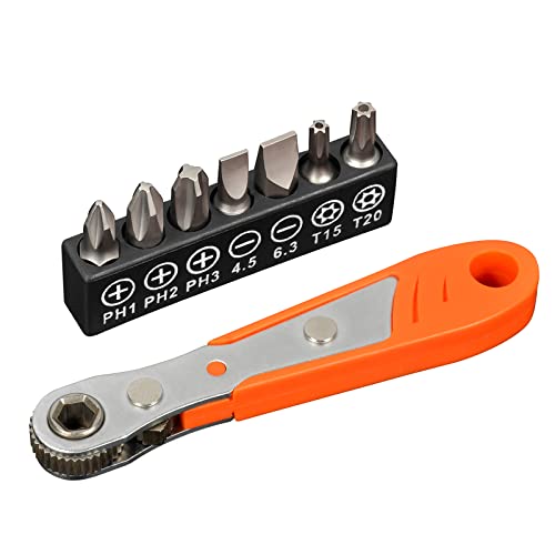 TEKPREM 1/4 Mini Ratchet Wrench Screwdriver Bit Set with Small Low Profile Ratchet Driver Handle and 7-Piece Torx, Phillips & Flathead Multi Bit Sets