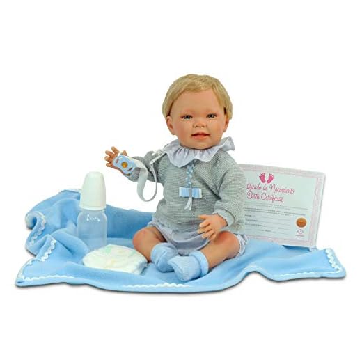 Nines Artesanals d'Onil- Bambino Reborn con Accessori, Colore Grigio E Blu. Porta con sé una copertina. È articolata e la potrai mettere in qualsiasi posizione.