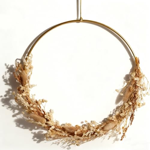JUJOYBD Trockenblumen Kranz 28 cm - Wand Boho Deko Goldener Metallring...