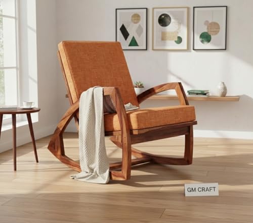Image of Solid Sheesham Wood Rocking Chair for Living Room - Upholstered Relaxing Chair - Wooden Rocking Chair for Adults for Home Outdoor Indoor (Honey, Avery)