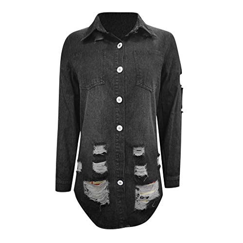 Women's Casual Lapel Long Sleeve Washed Distressed Denim Outercoat Jacket Trench Coat