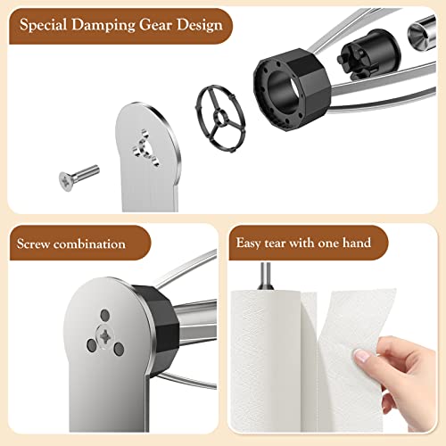Image of 2 Pack Paper Towel Holder Under Cabinet + 2 Towel Robe Hook, Single Hand Operable Under Cabinet Paper Towel Holder, Adhesive Wall Mount Paper Roll Holder for Bathroom Kitchen(Silver)
