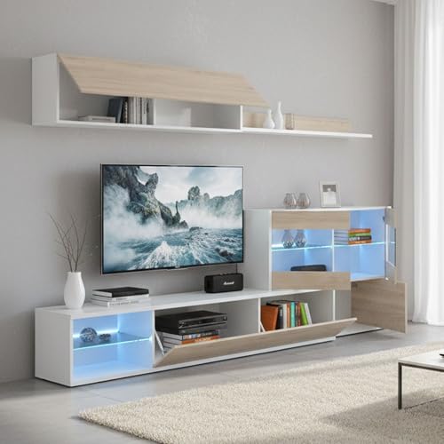 Dmora - Unité Murale Adams, Ensemble de Salon d'angle modulaire, Meuble de Salon Multi-Positions avec lumière LED, 260x41h180 cm, Chêne et Blanc