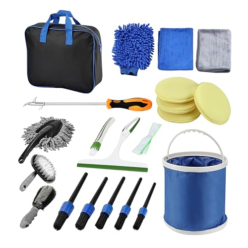 Lawazim Car Wash Detailing Cleaning Tools Set with Bag Collapsible Bucket Wash Mitt - 20 Piece Versatile Interior and Exterior Car Care Kit - for Washing Waxing Polishing and Deep Cleaning