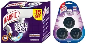 Harpic Flushmatic In-Cistern Toilet Cleaner Blocks, Lavender - 150 g & Harpic?Drain?Xpert?Drain?Cleaner Powder (50g x 8) | Effective Sink Cleaner, Drain Blockage Remover, Drain Pipe Cleaner