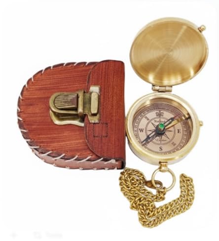 Brújula de bolsillo vintage de latón con cadena y estuche de cuero Clásica brújula de navegación para senderismo, camping, viaje, decoración náutica y regalos para hombres y mujeres