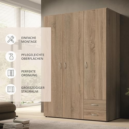 Stella Trading BASE Zeitloser Kleiderschrank in drei verschiedenen Größen - Vielseitiger Drehtürenschrank in Eiche Sonoma Optik - 120 x 177 x 52 cm (B/H/T)
