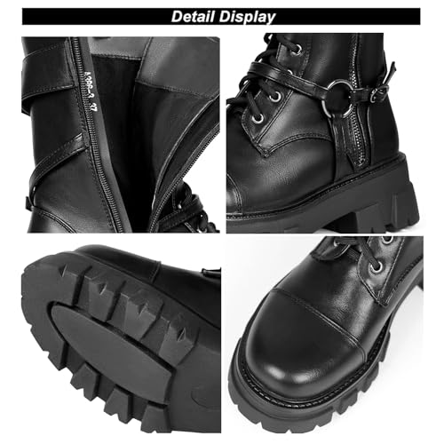 Women Harness Motorcycle Biker Boots Steampunk Combat Boots Chunky Mid Calf Goth Boots Lug Sole Lace up Side Zipper4