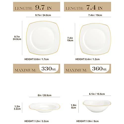 Malacasa Dishes Set For 4, 16 Piece Bone China White Plates And Bowls Sets With Golden Rim, Square Dinnerware Sets Microwave Safe, Serving Dishes Plate Set For Dessert, Pasta And Cereal, Series Rafa #TOP1