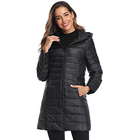 Obosoyo Women's Winter Packable Down Jacket Plus Size Lightweight Long Down Outerwear Puffer Jacket Hooded Coat Black XL Cover
