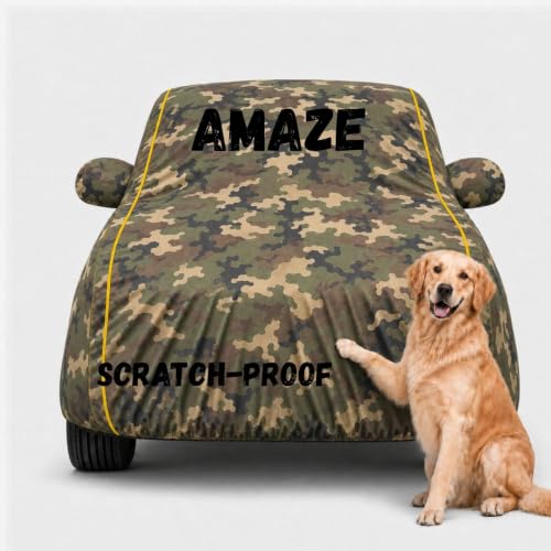 Image of Waterproof Car Cover for Amaze | Soft Cotton Lining Heavy Duty Triple Stitched Heat Resistant Outdoor Cover Comes with Mirror and Antenna Pocket Full Bottom Elastic (Jungle)