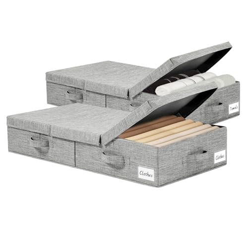 Mahousky 2 Pack Under Bed Storage Containers with Lids, Clothes Storage Bins with Handle, Foldable Underbed Storage Bags for Clothes, Blankets, Towels, Pillows