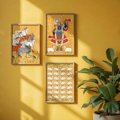 Image of Livin'luxe Set of 3 Krishna Pichwai Wall Art Premium MDF Wooden Color Framed HD UV Printed Traditional Indian Religious Painting for Living Room Home Decor 13.5 Inch x 19.5 Inch