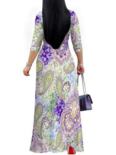 Image of PinkPatty Plus Size Maxi Dress for Women Casual V Neck 3 /4 Sleeve Boho Printed Long Dress with Pockets