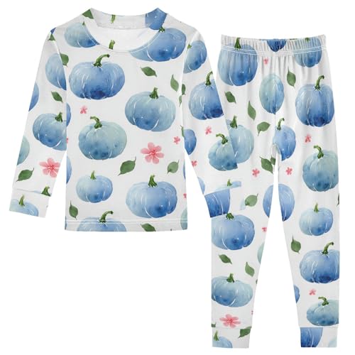 Pajama Sets Long Sleeve Blue Pumpkins on White Background Soft Comfy Sleepwear 2 Piece PJS 3-8T