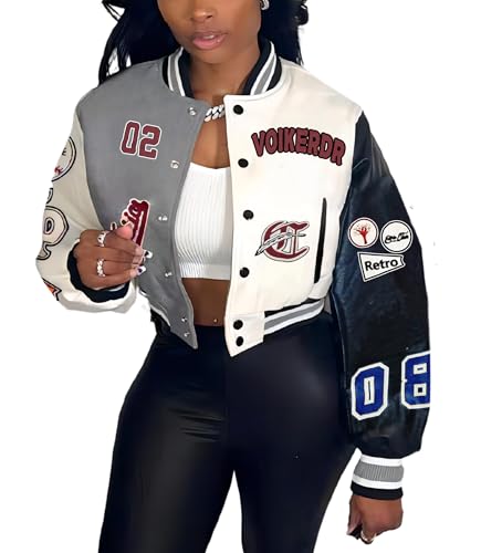 VOIKERDR Varsity Jacket Women Letterman Jacket Woman with Patches Print Cropped Varsity Jacket Women Spring Jacket