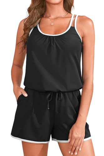 Tempt Me Romper Swimsuits - Women Modest One Piece Bathing Suit with Shorts Boyleg Swimwear with Pockets 2025 Black White M