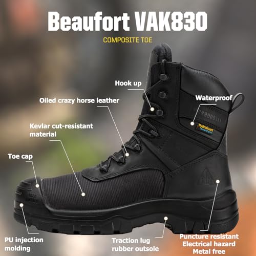 ROCKROOSTER Beaufort CSA Men's Work Boots, 8" Composite Toe Waterproof Black Lace up Leather Construction Boots, Traction Lug Rubber, Metal Free, Cut Resistant, ASTM F2413-18 PR EH, VAK8304