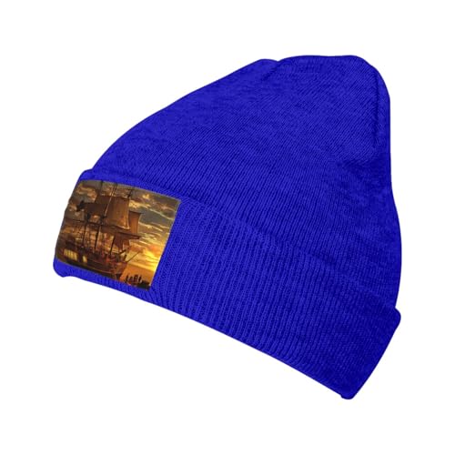 Migpkd Gorro unisex de fantasía con diseño de barco pirata para hombres y mujeres, gorros de punto de invierno, gorros cálidos con puños a la moda, azul, Talla única