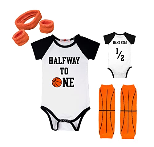 Personalized Half Way To One 6 Month Basketball Half Birthday Bodysuit Outfit Set2