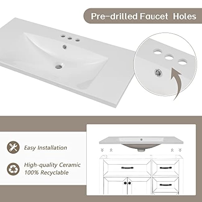 Maximize Bathroom Storage with 36 Vanity and Sink Combo, Grey Solid Wood Cabinet with Drawers and Smooth Ceramic Sink