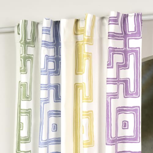 Image of Tranquebar Curtain Co.Cotton Curtains 7 Feet Long Set of 2,60-65% Room Darkening,Mauve Blue Geometric Print,Door Curtains 7 Feet Set of 2,Door Curtains 7 Feet Set of 2,BackTabs,Fret (213 cm)-Set of 2