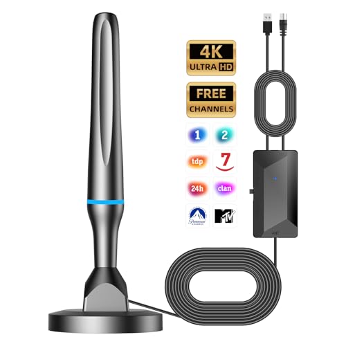 Antena TV Interior, Antena TDT para Smart TV, Antena TV Portatil con Amplificador y Base Magnética, 80KM+ Recepción de Larga Distancia, Compatible con 1080P DVB-T2 DVB-T TDT