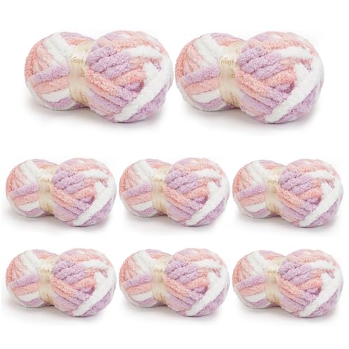 Chunky Yarn for Hand Knitting, Chunky Chenille Blanket Yarn for Crocheting, Bulky Soft Fluffy Chenille for Blanket Project, 8 Pack of 8oz/25yds, White&Pink
