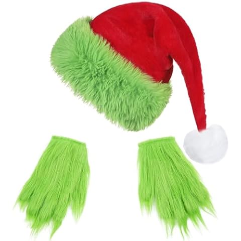 Ausejopeac Christmas Hat Santa Hat with Green Gloves for Women or Men Xmas Green Monster Costume Party Supplies Cover