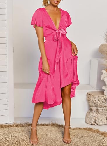 Image of miduo Womens Satin V Neck Ruffle Short Sleeve Tie Front High Waist Midi A-Line Maxi Dresses