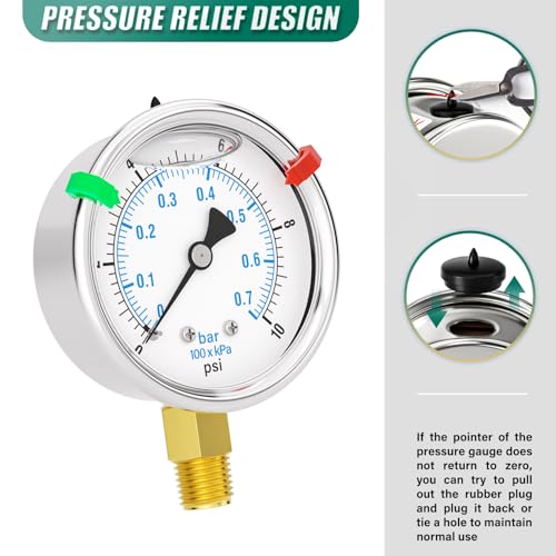Image of 0-10PSI Stainless Steel Liquid Filled Pressure Gauge, 2.5 inch Dial Size, 1 /4 inch NPT Lower Mount, for Tube, Water Pump, Gas, Liquid, Pressure Test (with Range Mark Pointer)