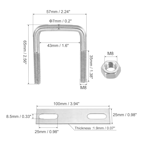 Image of PATIKIL M8x42x65mm Square U-Bolts Kit, 2Set 304 Stainless Steel Square U Shaped Bolts Replacement Parts with Frame Plates and Nuts for Ski Board Sailboat Trailer