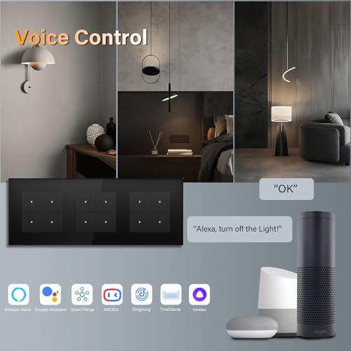 BSEED Lichtschalter Glas Smart WiFi Wechselschalter Compatibel mit Google Home und Alexa Neutrale Leitung Ben&ouml;tigt, 4 Fach 1 Weg, 228mm Schwarz